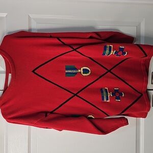 Preston & York Sport 90's Slouchy Geometric Embroidered Red Long Sweater Large